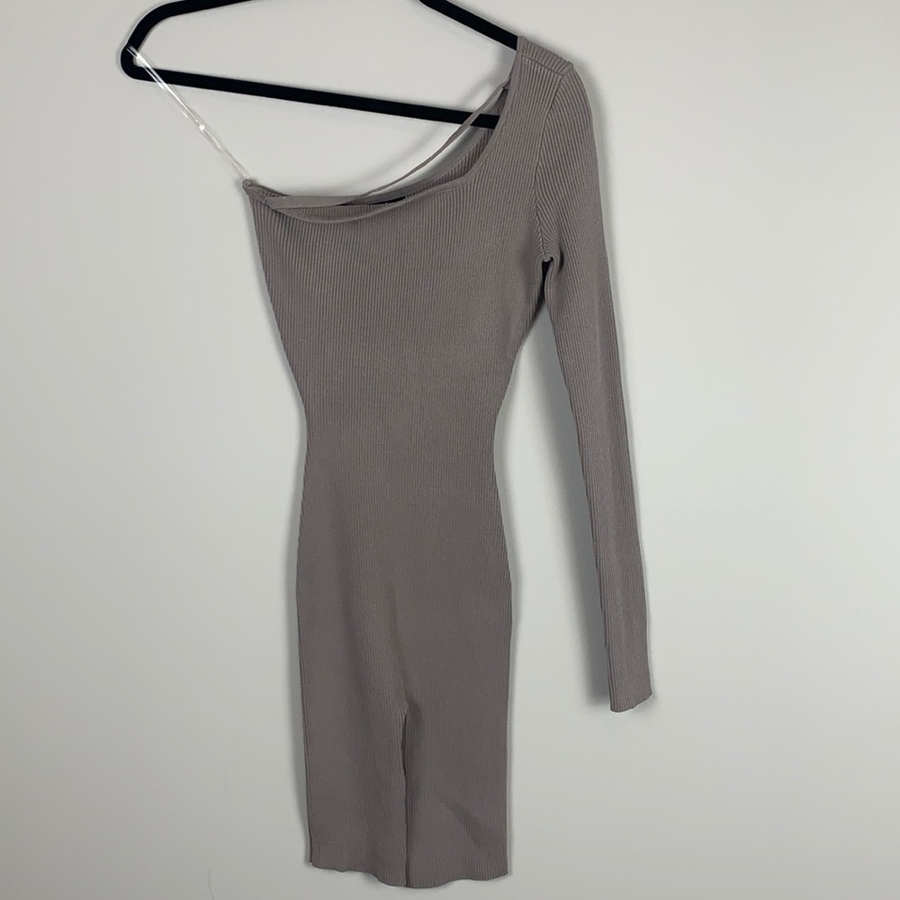 One Shoulder LongSleeve Stretch Ribbed Romper Gray - Picture 2 of 5